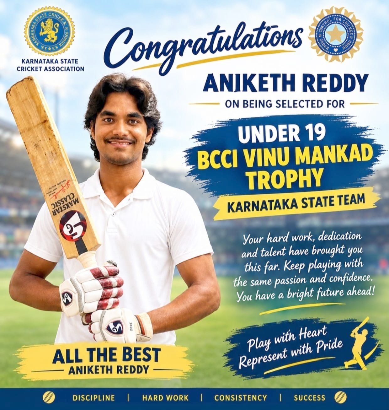 ಕರ್ನಾಟಕ ಕ್ರಿಕೆಟ್ ತಂಡಕ್ಕೆ ರಾಯಚೂರಿನ ಅನಿಕೇತ್ ರೆಡ್ಡಿ ಆಯ್ಕೆ